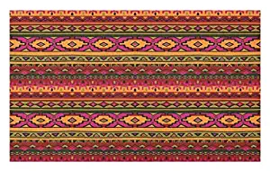Lunarable Aztec Doormat, South American Abstract Borders Mexican Peruvian Folk Art Elements Boho Doodle, Decorative Polyester Floor Mat with Non-Skid Backing, 30" X 18", Orange Green