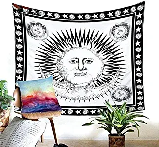 Jaipur Handloom Psychedelic Celestial Sun Tapestry Tarot Tapestry The Moon The Star The Sun Tapestry Wall Hanging Tapestries Mysterious Wall Tapestry for Dorm, Living Room, Bedroom, Home Decor