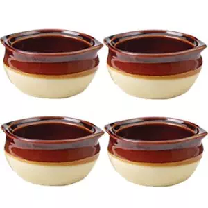 Porcelain Ceramic Onion Soup Crock Bowl, Small 10 Ounce, Set of 4, Brown and Beige