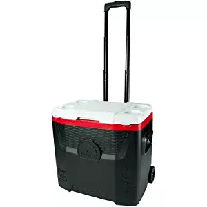 Igloo 28-Quart Red/Black Quantum Wheeled Cooler with Locking, Telescoping Handle with Gear Hangers, Durable Wheels, Four Cup Holders, and Lockable Lid or Tie-down loops