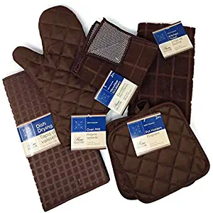 Kitchen Towel Set with 2 Quilted Pot Holders, Oven Mitt, Dish Towel, Dish Drying Mat, 2 Microfiber Scrubbing Dishcloths (Brown)