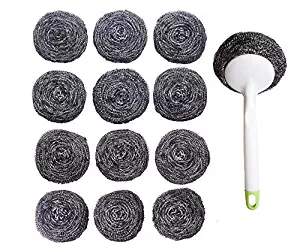 Kitchen Sumo Stainless Steel Sponges Scourer Set with Handle 40 gram - Pack of 12 - Large Stainless Steel Scrubbers - Metal Scouring Pads - Kitchen Cleaning Tool