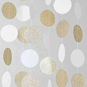 MerryNine Paper Garland, 5 Pack 50ft Glitter Paper Garland Circle Dots Hanging Decor, Paper Banner for Baby Shower, Birthday, Nursery Party Decor (Circle Polka Dots- White Gold 5pack 50ft)