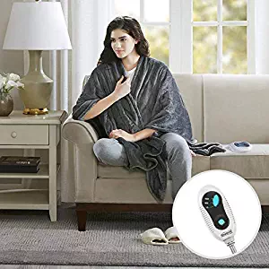 Comfort Spaces Luxury Microplush 1 Piece Electric Wrap Blanket Super Soft and Warm Reversible Heated Throw Poncho with Auto Shutoff, 50"x64", Grey