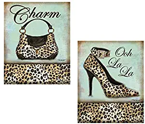 Set of 2 Leopard Animal Print Shoe Heel Pump Purse Cute Trendy Fashion Accessories Cheetah Set Art Prints Posters 11x14 Inches
