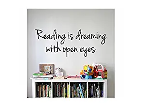 Reading Quote Sign Vinyl Decal Sticker --- Reading is dreaming with open eyes -wall lettering dr seuss kids read reading learn books (Black, 40 inch wide x 15.5 inch tall)