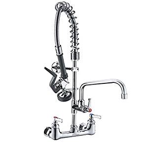 IMLEZON Commercial Wall Mount Kitchen Sink Faucet Brass Constructed Polished Chrome Pre-Rinse Device 25" Height 8" Center with Coilded Spring Pull Down Sprayer and 12" Add-on Spout