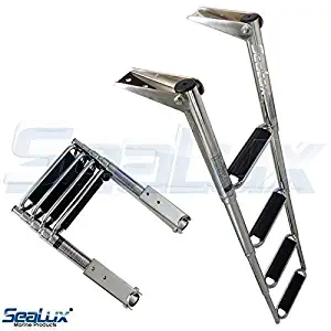 SeaLux Marine 4 Steps Drop Down Boarding Ladder with Extra Wide Curve up Steps 400 lbs. Capacity, Round Tubing Over Mount
