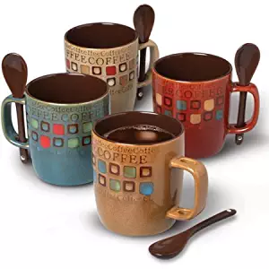 Coffee Cup set by Mr. Coffee Dual Tone Coffee Mugs Set with Spoons Stoneware 14 oz coffee cupsAssorted Designs, 8 pcs set, Cafe Americano