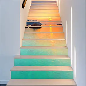 FLFK 3D Morning Sunrise Seascape Self-Adhesive Stair Risers Stickers Staircase Stickers Home Decal Wallpaper 39.3Inch x7.08Inchx13PCS