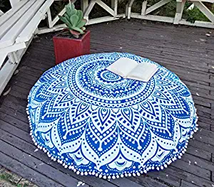 The Art Box Indian Blue Ombre Mandala Round Decorative Large Pouf Pillow Cases Floor Cushion Cover 32" Approx. (Cover Only)