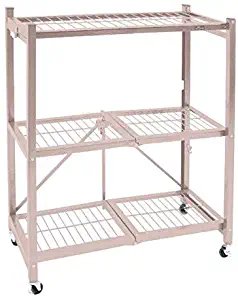 Origami 3 Shelf Foldable Storage Unit on 3" Caster Wheels, Unfolds in 5 Seconds, Holds up to 750 Pounds, Metal Organizer Wire Rack, 29" x 13" x 36", Heavy-Duty - Rose Gold