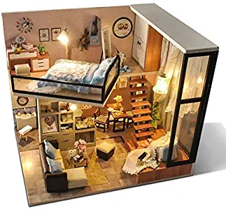 UniHobby DIY Dollhouse Kit with Dust Proof Cover 1:24 Scale Wooden DIY Miniature Dollhouse Kit Toy Gift