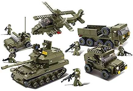 Sluban Ground Forces Joint Attack Blocks Army Bricks Toy – Hind Helicopter & T-90 Main Battle Tank & Army Personnel Carriers & Army Jeep & Prowl Car