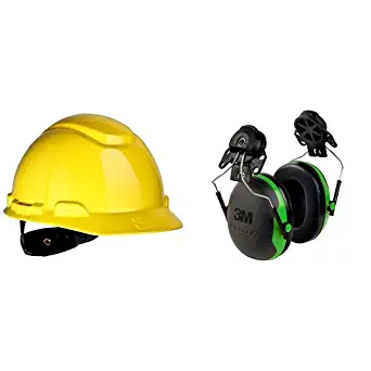 3M Hard Hat, Yellow 4-Point Ratchet Suspension H-702R (Pack of 1) & 3M Peltor X-Series Cap-Mount Earmuffs, NRR 21 dB, One Size Fits Most, Black/Green X1P3E (Pack of 1)