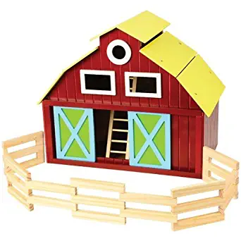 Constructive Playthings 19" W. x 11 1/2" D. x 16" H. Deluxe Wooden Barn with Removable Roof, Sliding Front and Side Doors, Ladder and Wooden Fencing for Ages 3 Years and Up