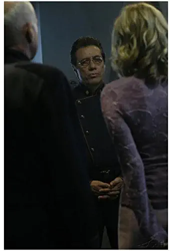 Admiral William Adama talking to Colonel Saul Tigh and wife Ellen looking pretty in purple patterned dress - Battlestar Galactica 8x10 Photograph - HQ - BSG
