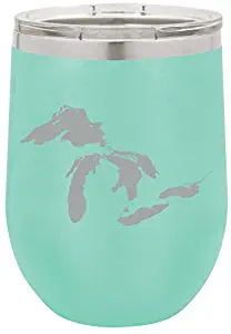 12 oz Double Wall Vacuum Insulated Stainless Steel Stemless Wine Tumbler Glass Coffee Travel Mug With Lid Great Lakes Michigan (Teal)