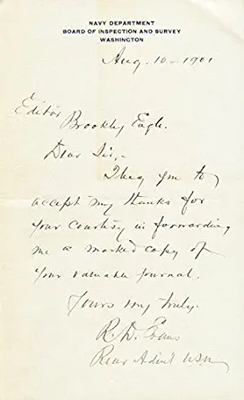 Rear Admiral Robley D. Evans - Autograph Letter Signed 08/10/1901