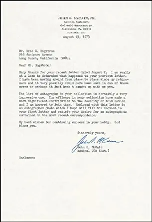 Admiral John Sidney"Jack" Mccain, Jr. - Typed Letter Signed 08/13/1973
