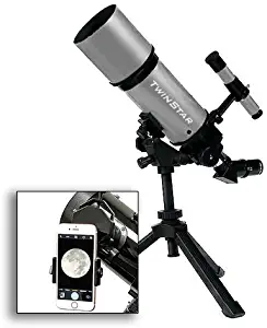 TwinStar 80mm Refractor Telescope 400mm Focal Length f/5.0 F | 25mm & 10mm Kellner Magnification eyepieces, Finding Scope and Tripod Included | Great for Beginners (Smarthphone Adapter Bundle, White)