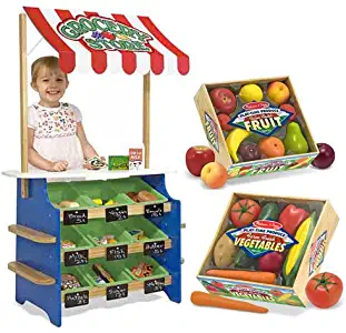 Melissa & Doug Grocery Store and Lemonade Stand with Playtime Fruits and Playtime Veggies Bundle