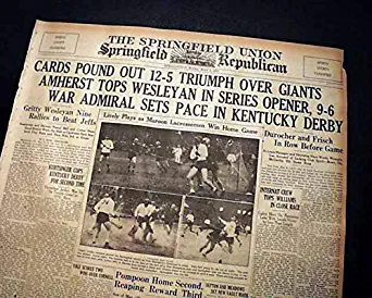 WAR ADMIRAL Horse Racing Wins Kentucky Derby 1st of TRIPLE CROWN 1937 Newspaper THE SPRINGFIELD UNION, Mass, sport's section only, May 9, 1937