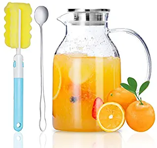 Glass Pitcher, Glass Water Pitcher with Tight Stainless Steel Lid, 68 Ounces, Heat Resistant Borosilicate Glass Carafe, Long Handle Cleaning Brush and Mixing Spoon, Durable and Temperature Safe