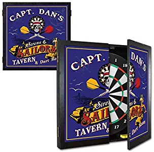 THOUSAND OAKS BARREL CO. | Personalized 'Sirens and Sailors Tavern & Dart Room' Dartboard & Cabinet Set with 6 Steel Tip Darts | Wall Art Game Room Family Fun