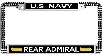 Nuoousol US Navy Rear Admiral Bling Rhinestones Car Licence Plate Covers, Black Stainless Steel Diamond Auto License Cover Holder with 2 Holes Screws Caps Set(6' x 12' in)