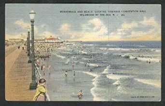 Boardwalk & Beach Convention Hall Wildwood by the Sea NJ postcard 1945