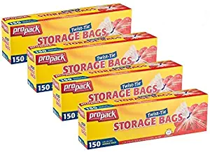 ProPack Disposable Plastic Storage Bags with Original Twist Tie, 1 Gallon Size, 600 Bags, Great for Home, Office, Vacation, Traveling, Sandwich, Fruits, Nuts, Cake, Cookies, Or Any Snacks (4 Packs)