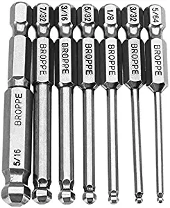 Toolcool Broppe 7pcs SAE 5/64-5/16 Inch 65mm Magnetic Ball End Hex Screwdriver Bits Set 1/4 Inch Hex Shank