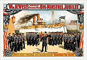 William H Wests big minstrel jubilee featuring a large band in uniform In the background is Admiral Deweys flagship the Olympia Poster Print by Strobridge (18 x 24)