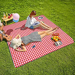 CHANODUG Machine Washable Extra Large Picnic & Beach Blanket Handy Mat Plus Thick Dual Layers Sandproof Waterproof Padding Portable for The Family, Friends, Kids, 79"x79" (Red and White)