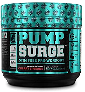 PUMPSURGE Caffeine-Free Pump & Nootropic Pre Workout Supplement, Non Stimulant Preworkout Powder & Nitric Oxide Booster,20 Servings, Cherry Limeade, 9.2 OZ