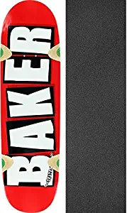 Baker Skateboards Brand Logo Red/White Skateboard Deck - 8.5" x 32" with Mob Grip Perforated Black Griptape - Bundle of 2 Items