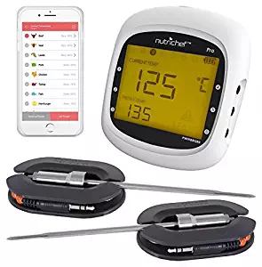 NutriChef Smart Bluetooth BBQ Grill Thermometer w/Digital Display - Stainless Dual Probes Safe to Leave in Outdoor Barbecue Meat Smoker - Wireless Remote Alert iOS Android Phone WiFi App - PWIRBBQ80