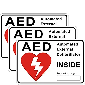 Outdoor/Indoor (3 Pack) 6" x 4" AED Automated External Defibrillator Inside Window Door Wall Medical Safety Warning Alert Sticker Decals - Back Self Adhesive Vinyl