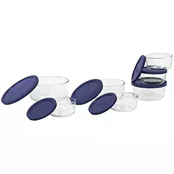 Pyrex 692264408076 6022369 Storage 14-Piece Round Set, Clear with Blue Lids