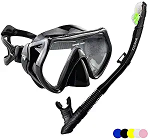 WACOOL Snorkeling Package Set for Adults, Anti-Fog Coated Glass Diving Mask, Snorkel with Silicon Mouth Piece,Purge Valve and Anti-Splash Guard.