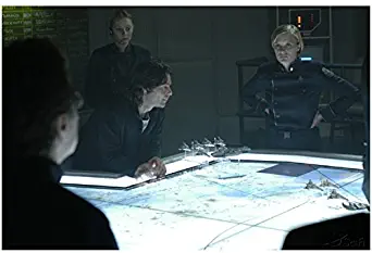 Kara 'Starbuck' Thrace, Gaius Baltar, and Admiral William Adama at Light Table Observing Fleet - Battlestar Galactica 8x10 Photograph - HQ - BSG
