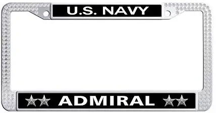 Nuoyizo US Navy Admiral 2 Star White Bling Rhinestones License Plate Covers Cute Sparkle Crystal Waterproof Stainless Steel Metal Auto License Tag Holder (1 pic, 12.25"x6.25")