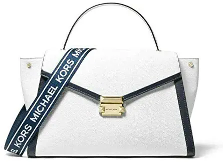 MICHAEL Michael Kors Whitney Large Logo Tape Pebbled Leather Satchel in Optic White/Admiral