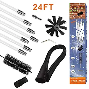 Flexible Dryer Vent Cleaning Kit with Creative Crevice Tool, 24 Feet Drill-Powered Rotating Lint Remover - Synthetic Brush Head Quick Snap Locking Rods(24 feet)