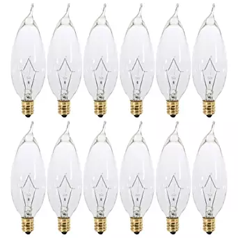 (Pack of 12) 40CFC - 40 Watt Clear Candelabra Base (E12) Flame Tip 120V Decorative Dimmable Chandelier Lights Bulbs