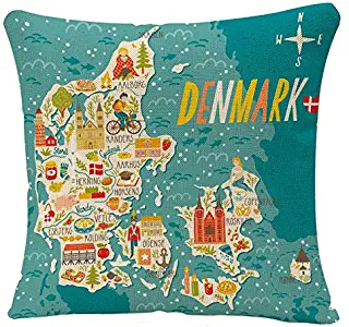 YGGQF Decorative Throw Pillow Cover City Map of Denmark Travel with Danish Landmarks People Food and Animals Copenhagen Pillow Case 18 X 18 Inch Home Decor Pillowcase Cushion Cover