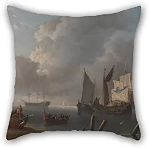 Artistdecor 20 X 20 Inches / 50 By 50 Cm Oil Painting Charles Martin Powell - Warships Lying Offshore, The Commanding Admiral Being Rowed Out To Join The Flagship, Her Sails Illu Throw Pillow Cover