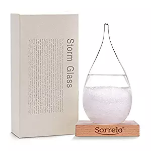 Weather Predicting Storm Glass Set-Elegant Weather Tear Drop Shaped Storm Glass Bottle with Wooden Base - Perfect Home and Office Decoration - Unique Idea & Conversation Starter