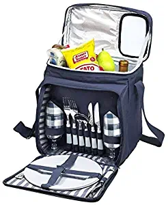 Blue Insulated Picnic Basket - Lunch Tote Cooler Backpack w/Flatware Two Place Setting